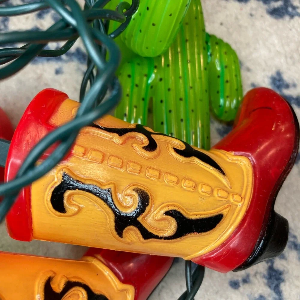 Vintage Party Lights Cowboy Boots And Cactus 14” 10 Lights Vtg RV